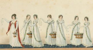 A 19th Century hand coloured stipple engraving, 'The King's herbwoman and her six maids strewing