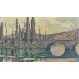Communaudat, 20th Century, a stone bridge over a river with trees nearby, oil on board, signed, 12.