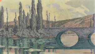 Communaudat, 20th Century, a stone bridge over a river with trees nearby, oil on board, signed, 12.