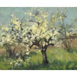 Ryno Frieberg (20th Century) Figures in an orchard at blossom time, oil on canvas, signed and