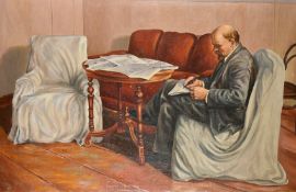 20th Century Soviet School, Portrait of Lenin seated holding a ink pen and paper, oil on canvas,