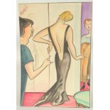 Edward Sylvester Hynes (1897-1982) Irish, A lady trying on a long black dress in a changing room