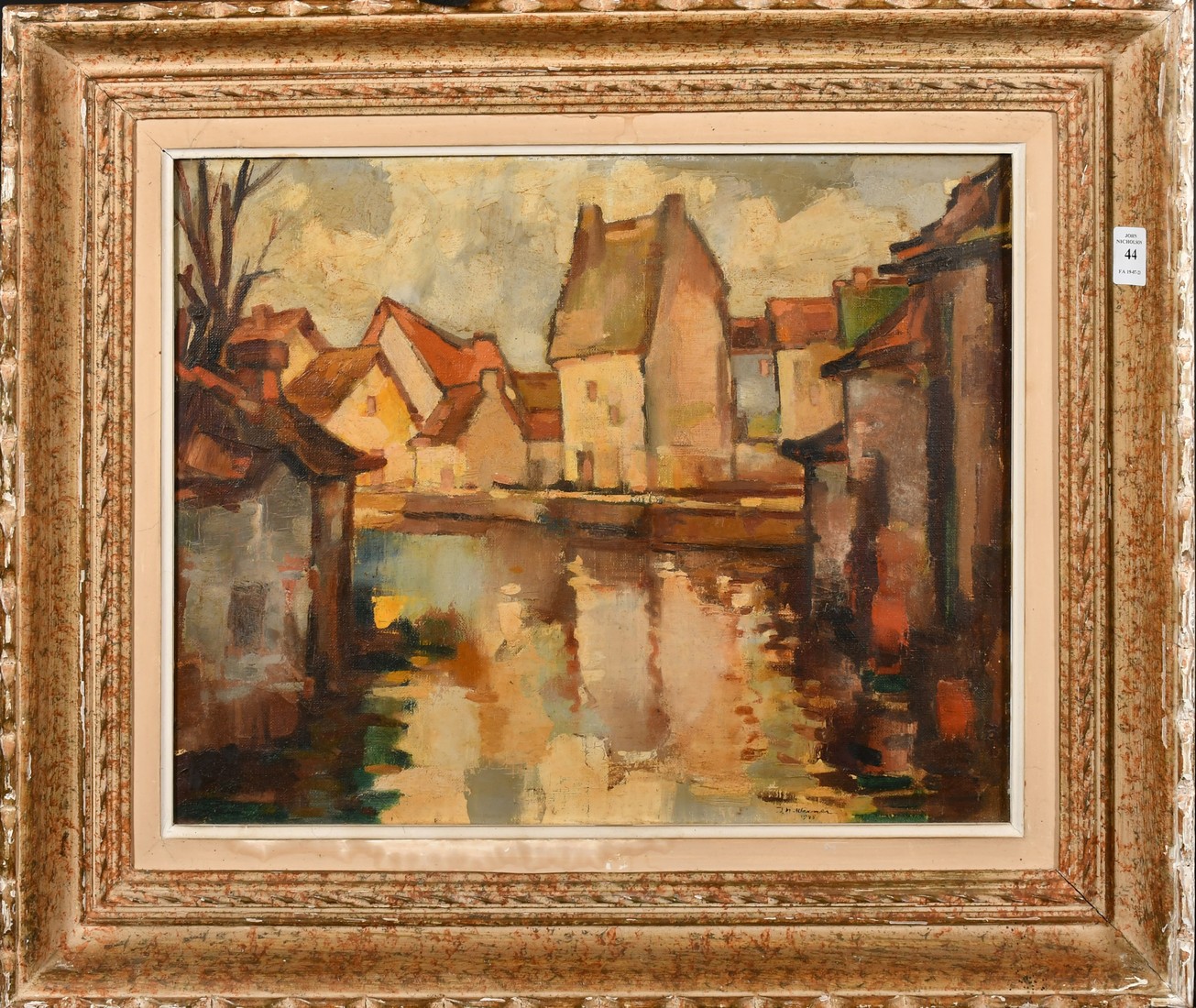 Belgian School, circa 1948, a view of houses on a canal, oil on canvas, indistinctly signed, 15" x - Image 2 of 4