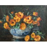 20th Century, a still life of orange flowers in an Oriental bowl, oil on canvas, indistinctly