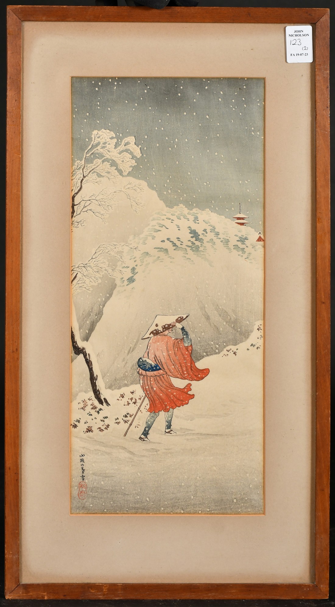 Takashi Hiroaki, a Japanese woodblock, figure on a snowy mountain path and another by the same hand, - Image 4 of 6
