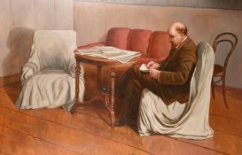 20th Century Soviet School, Portrait of Lenin seated holding a pen and paper, oil on canvas, 53.5" x