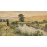Circle of Frank Gresley, a traveler and his dog on a riverside path, watercolour, 6" x 11", (