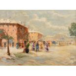 Early 20th Century Continental School, elegant figures gathered in a busy city street, oil on