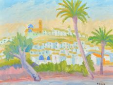 F. Diana, 20th Century, a Southern port town with palm trees in the foreground, oil on board,