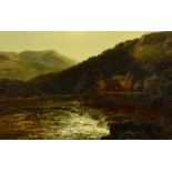 J. B. Smith, a shallow waterfall with a candlelit cottage beyond, oil on canvas, signed, 14" x