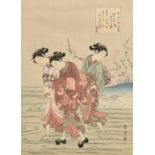 Haranobu, A Japanese colour woodblock, Three ladies paddling in a river, with script, 10.75" x