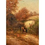 A.M. Phillips, circa 1879, children playing on a swinging gate, oil on canvas, signed, 16" x 12", (