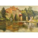 S. Walter, Circa 1900, figures bathing in a river by a mill, oil on canvas, signed, 15" x 21.75" (38
