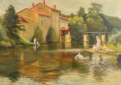 S. Walter, Circa 1900, figures bathing in a river by a mill, oil on canvas, signed, 15" x 21.75" (38