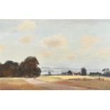 Marcus Ford (1914-1989), figures on a country road approaching dwellings and a lake, oil on