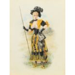 H. C. Rowley, Circa 1892, an elegant lady in elaborate costume holding a staff, watercolour,