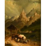 19th Century Continental School, a pair of oil on panel paintings of castles in mountainous