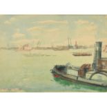 William Dring (1904-1990) A river scene with a steamboat and other shipping, watercolour, signed and