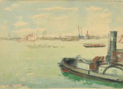 William Dring (1904-1990) A river scene with a steamboat and other shipping, watercolour, signed and