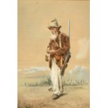 19th Century Continental School, an old huntsman carrying a rifle, watercolour, indistinctly signed,