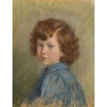 Circle of Thomas Cooper Gotch, A bust length portrait of a young girl in a blue smock, pastel,