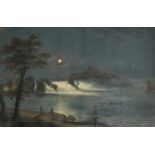 19th Century, An extensive river scene at night with fishermen on shore and in a boat and