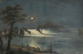 19th Century, An extensive river scene at night with fishermen on shore and in a boat and