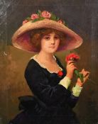 French School, Circa 1935, a half length portrait of a lady holding a red flower, oil on canvas,