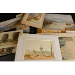 A portfolio containing watercolours by Nikolsky, Halford Ross and others, along with a few prints,