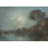 Montague Smythe (1863-1965) A landscape with trees near a river and the setting sun, mixed media,