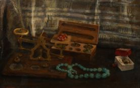 George Weissbort (1928-2013), a still life of mixed objects, oil on board, signed and dated 1982,