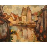 Belgian School, circa 1948, a view of houses on a canal, oil on canvas, indistinctly signed, 15" x