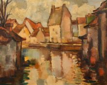 Belgian School, circa 1948, a view of houses on a canal, oil on canvas, indistinctly signed, 15" x