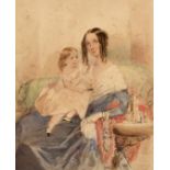 Circle of George Chinnery (19th Century) Mother and child seated in an armchair, watercolour,