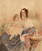 Circle of George Chinnery (19th Century) Mother and child seated in an armchair, watercolour,