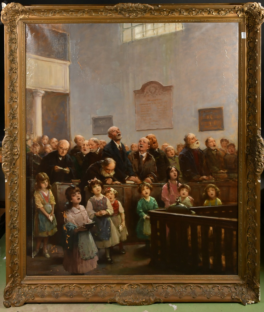 Continental School, circa 1900, figures singing in a church with children in the foreground, oil - Image 2 of 4