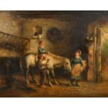 19th Century Continental School, her first ride, a young child on a horse in stables, oil on canvas,
