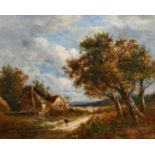Joseph Thors (1835-1920), a wayfarer approaching cottages on a country track, oil on canvas, signed,