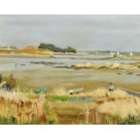 Claude Peitez, A quiet estuary scene with moored boats, oil on canvas, signed, 13" x 16.25", (