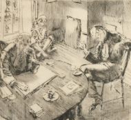 Frederick Carter (1885-1967), 'The bore', two men seated at a table and a young figure seated on the