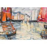 Meredieu (20th Century) French School, colourful sailboats in a town harbour, 32" x 45.5" (81 x