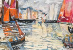 Meredieu (20th Century) French School, colourful sailboats in a town harbour, 32" x 45.5" (81 x