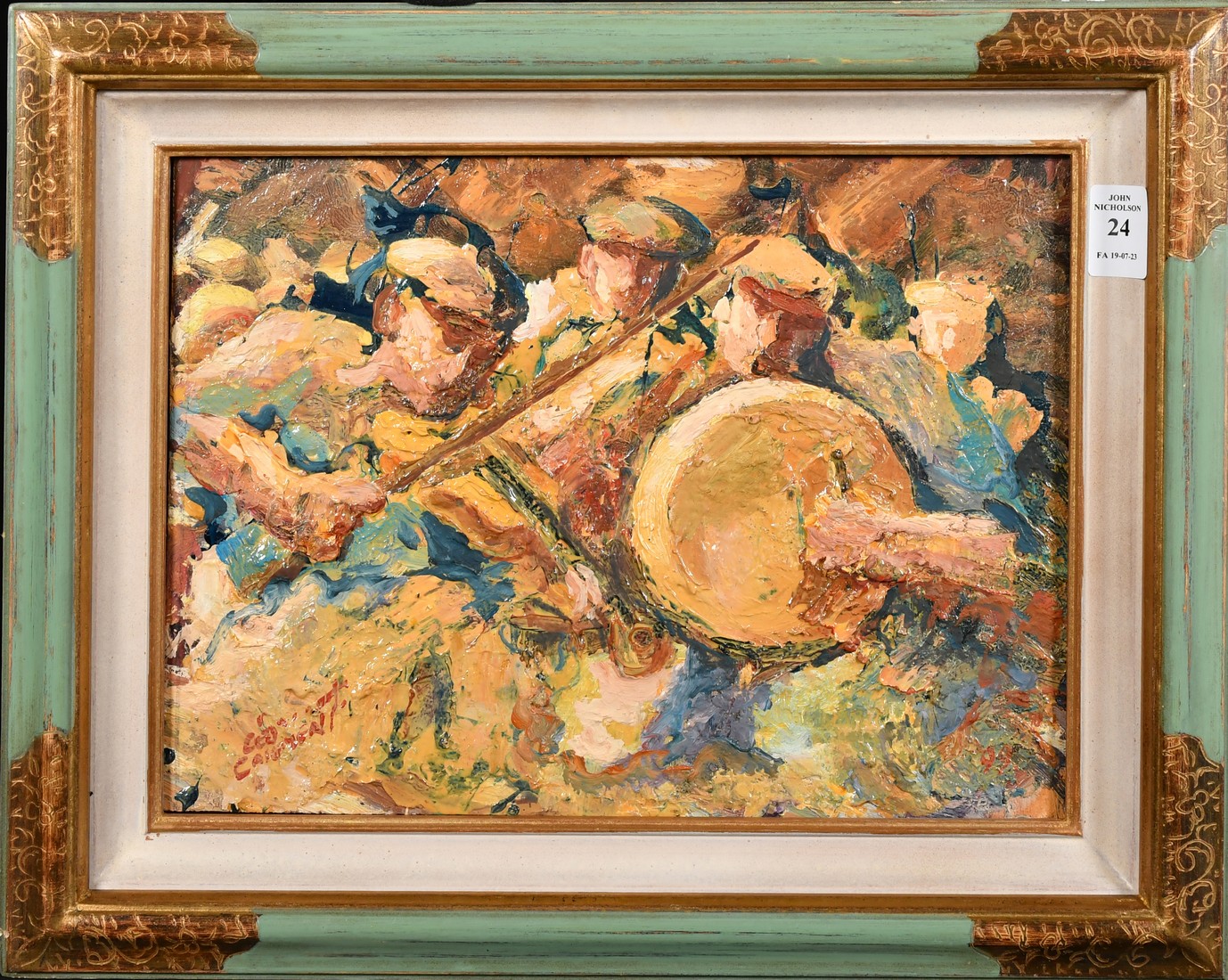 20th Century French School, villagers playing in a band, oil on board, indistinctly signed, 9.5" x - Image 2 of 4