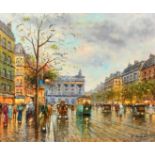 G. De Luca (20th Century), figures, coaches and trams on a busy Paris street, oil on canvas, signed,
