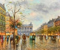 G. De Luca (20th Century), figures, coaches and trams on a busy Paris street, oil on canvas, signed,