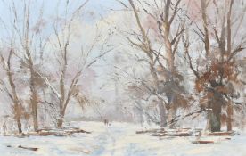 Roy Perry (1935-1993) British, figures walking in a winter landscape, oil on board, signed, 10" x