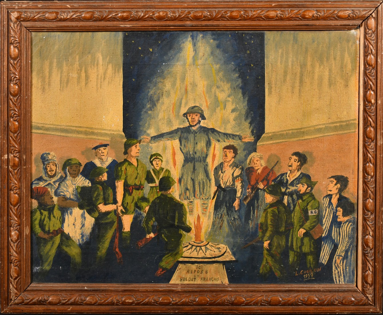 L. Coulon, Circa 1957, 'Ici Repose un Soldat Francais', figures gathered around a memorial, oil on - Image 2 of 4