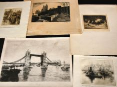 A folio of London views, Tower Bridge, Richmond Hill, big Ben etc, etchings, mostly inscribed and