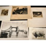 A folio of London views, Tower Bridge, Richmond Hill, big Ben etc, etchings, mostly inscribed and