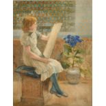 George Sheridan Knowles 91863-1931) British, a young girl seated sketching, watercolour, signed